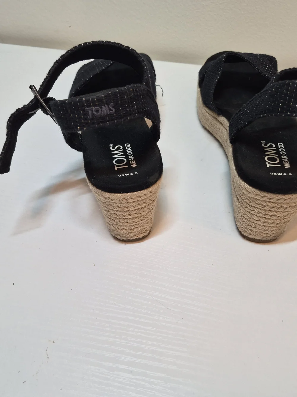 Toms Black Espadrille Wedge Sandals with Subtle Metallic Thread